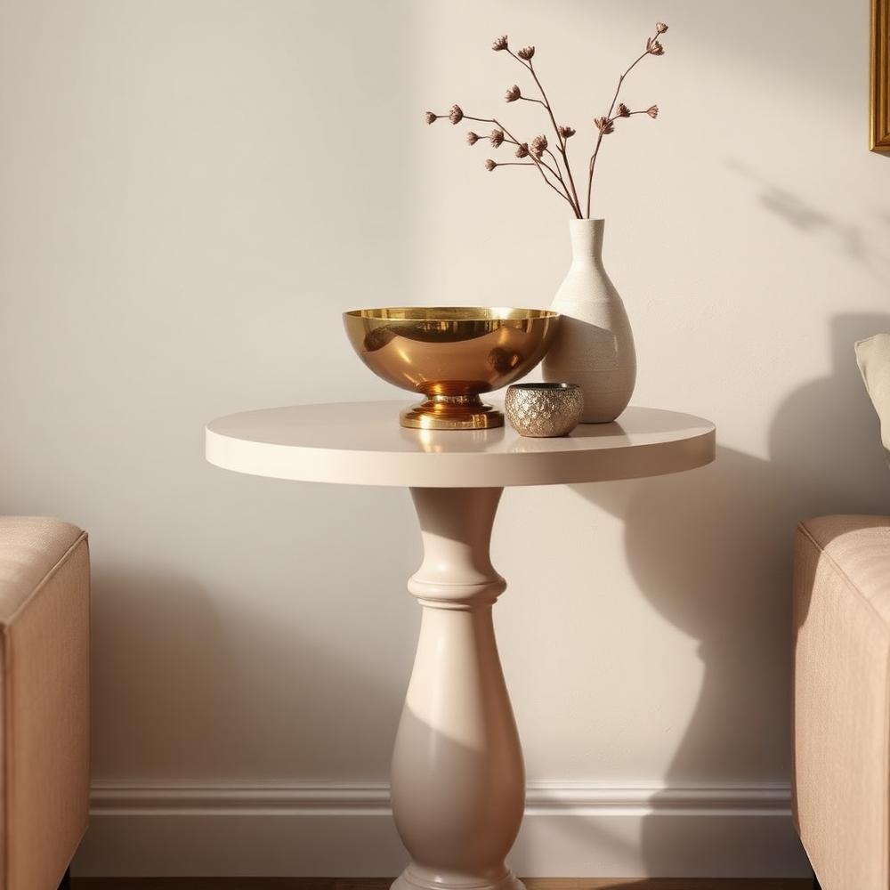 Curated pedestal table with brass bowl and ceramic decor
